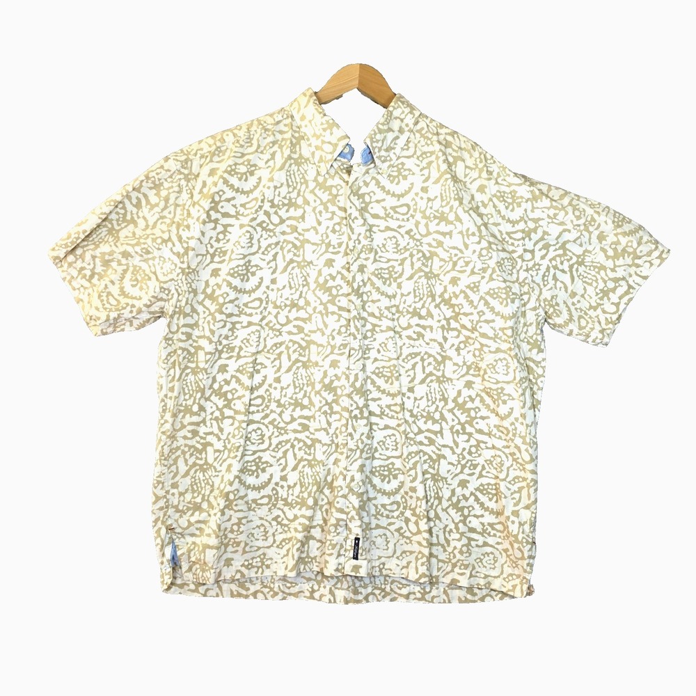 Tommy Hilfiger Hand Dyed Batik Shirt Mens XXL Tan Beige Paisley Cotton Short Slv